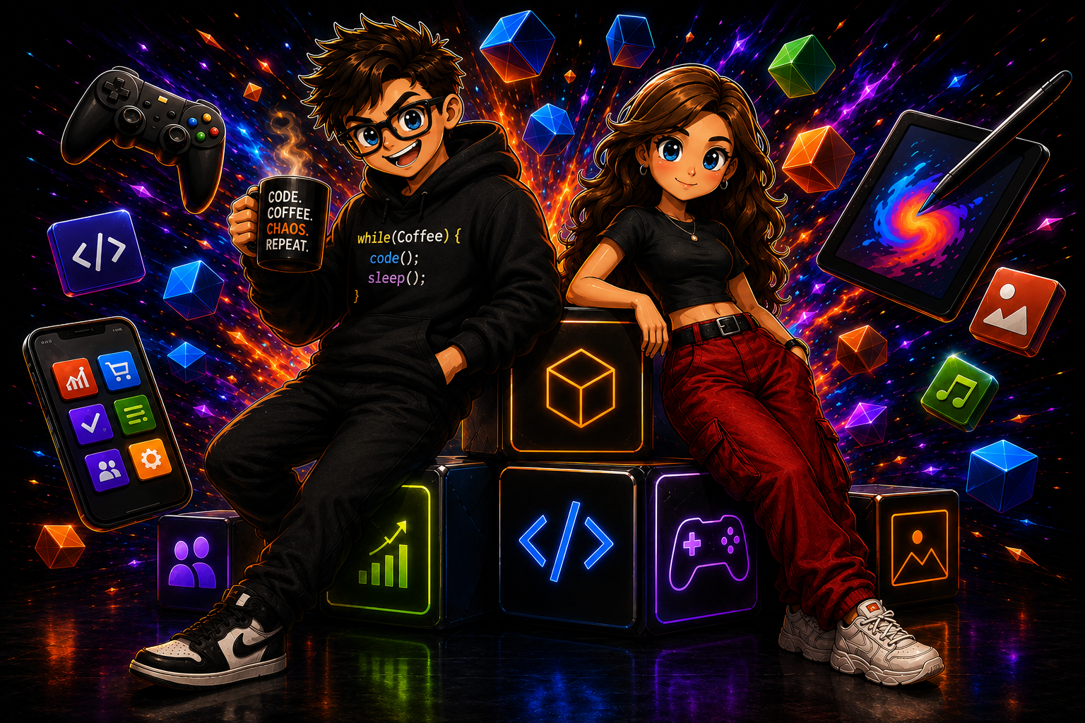 Two creators surrounded by bright game, design and app icons